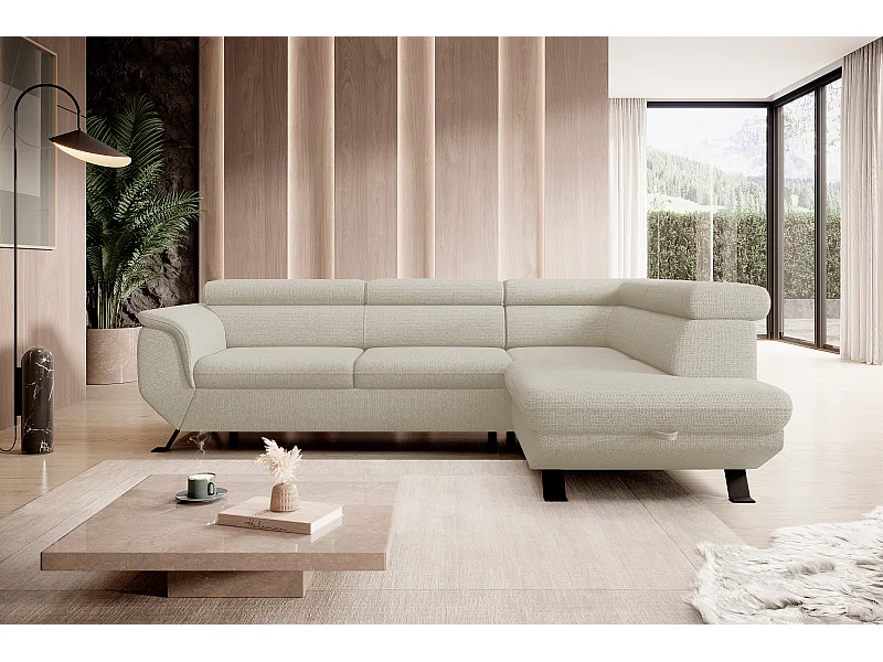 Canapé RAVEN L avec fonction de couchage, compartiment à literie, indépendant, rembourré avec têtières réglables 257x198x96 cm Côté droit Beige