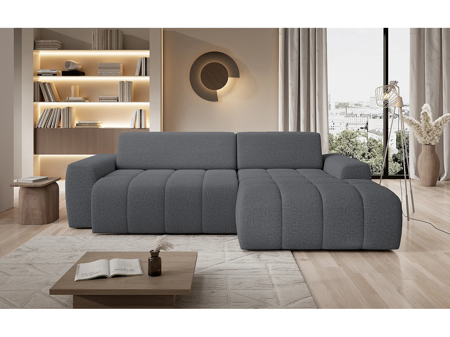 Hoekbank Savio Vrijstaand, Slijtvast Kansas-stof, Afm. 265x172x81cm, Uitschuifbaar Zitvlak 206x92cm, Rechterkant, Grijs