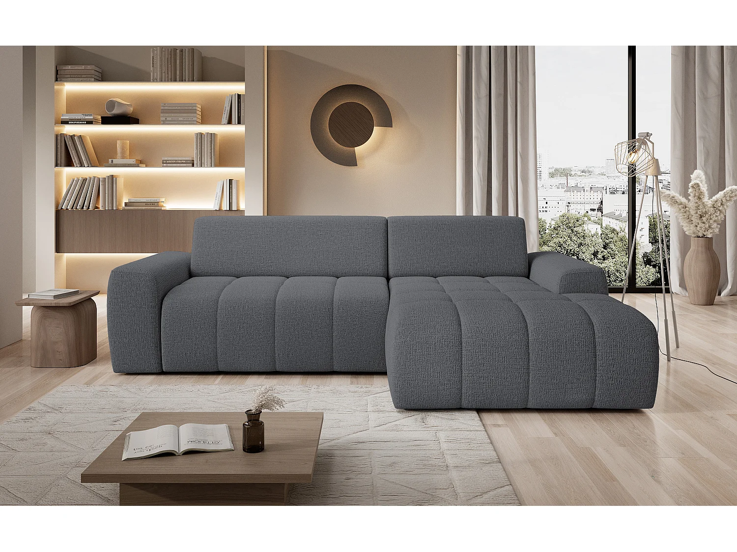 Hoekbank Savio Vrijstaand, Slijtvast Kansas-stof, Afm. 265x172x81cm, Uitschuifbaar Zitvlak 206x92cm, Rechterkant, Grijs