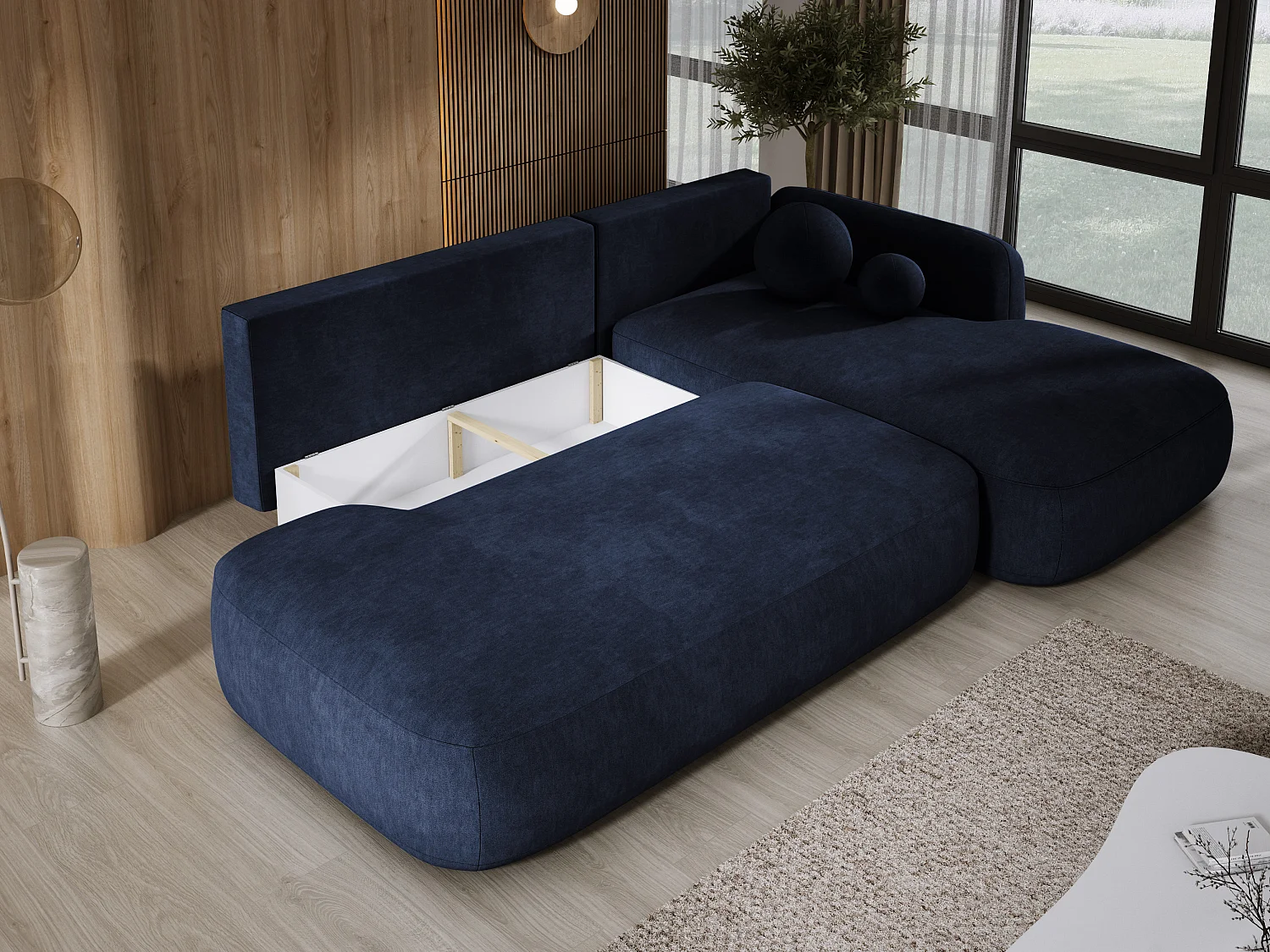 Ecksofa BABU Mit Bettfunktion – Moderne Polsterecke Für Wohnzimmer Funktionales Schlafsofa Im Stoff CLOUD, 300x105x60cm, Rechte Seite, Blau