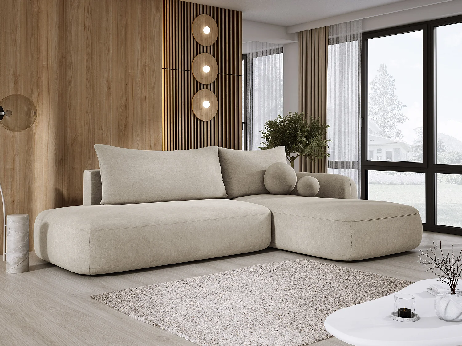 Hoekbank BABU met slaapfunctie – Moderne lounge voor woonkamer, functionele slaapbank in stof CLOUD, 300x105x60cm, rechterzijde, Beige