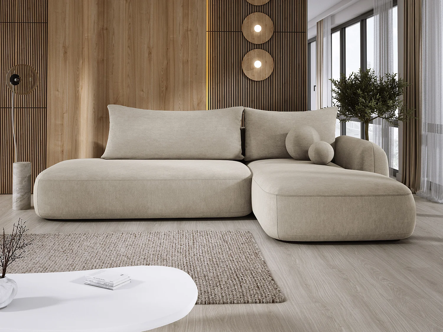Canapé d'angle BABU avec lit – Sofa convertible moderne CLOUD, 300x105x60cm, côté droit, Beige