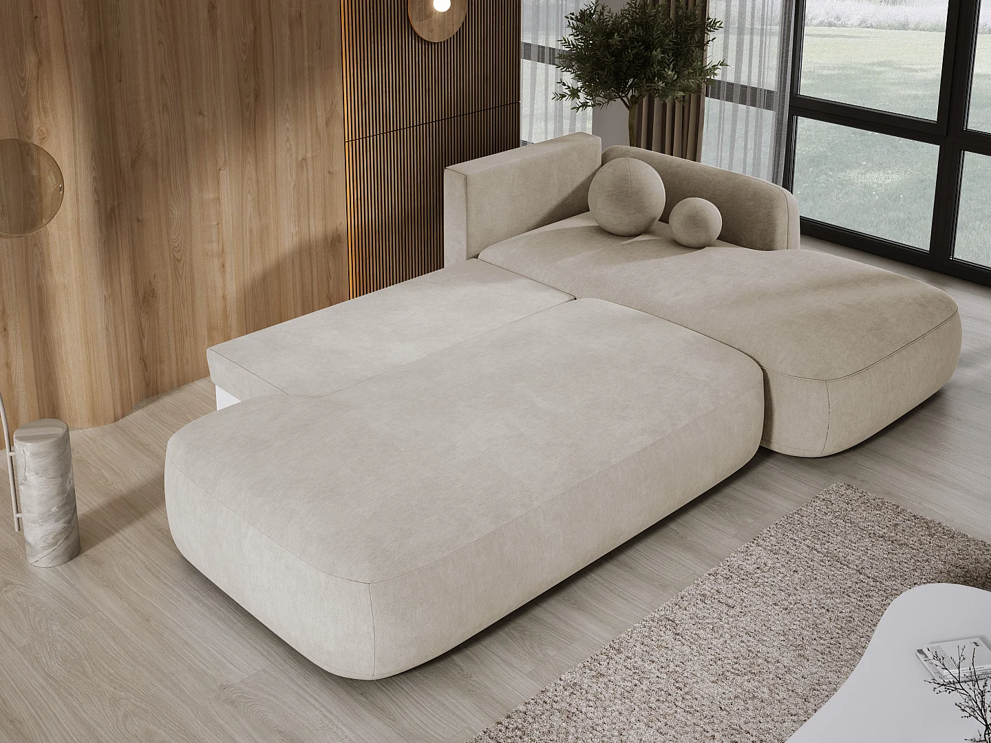 Canapé d'angle BABU avec lit – Sofa convertible moderne CLOUD, 300x105x60cm, côté droit, Beige
