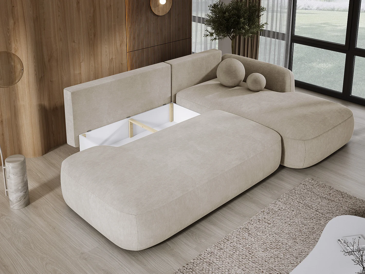 Canapé d'angle BABU avec lit – Sofa convertible moderne CLOUD, 300x105x60cm, côté droit, Beige