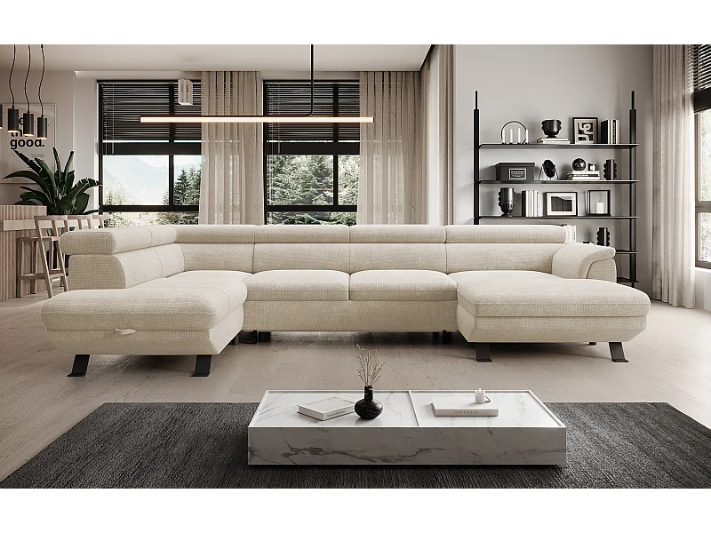 Hoekbank RAVEN XL met slaapfunctie, uittrekbed, verstelbare hoofdsteunen, opbergruimte, 334x198x162cm Links Parel