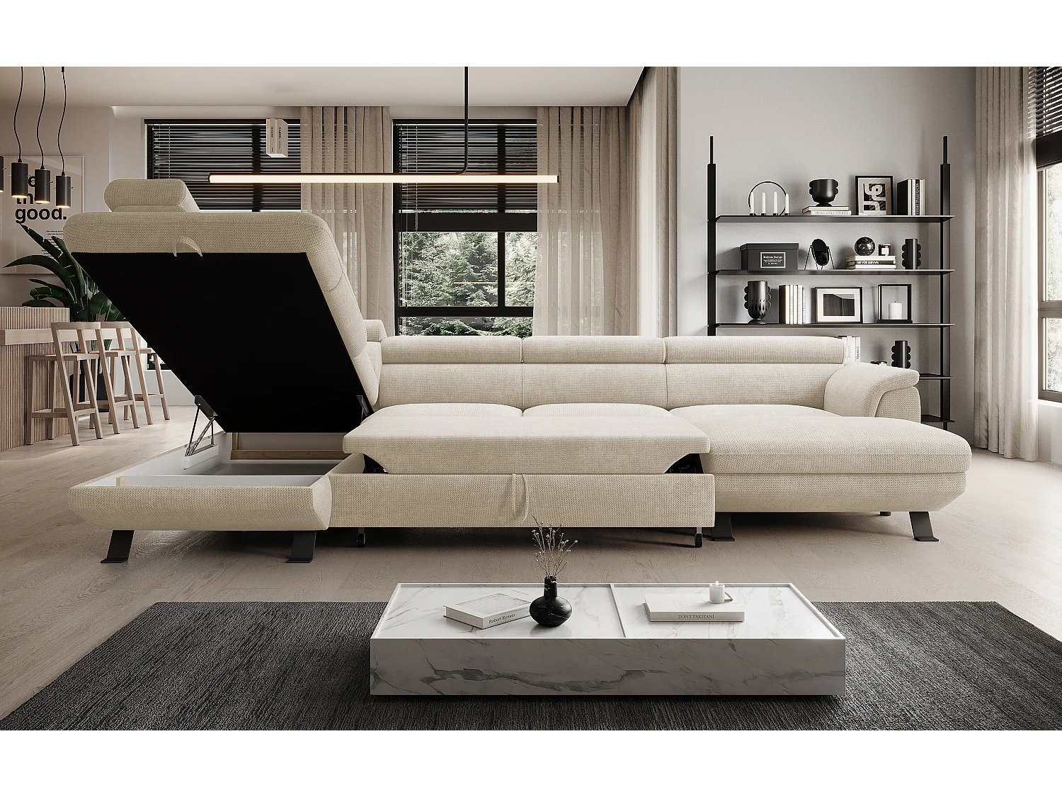 Canapé d'angle RAVEN XL convertible avec tiroir-lit, appuie-têtes réglables, coffre, 334x198x162cm, côté gauche Perle