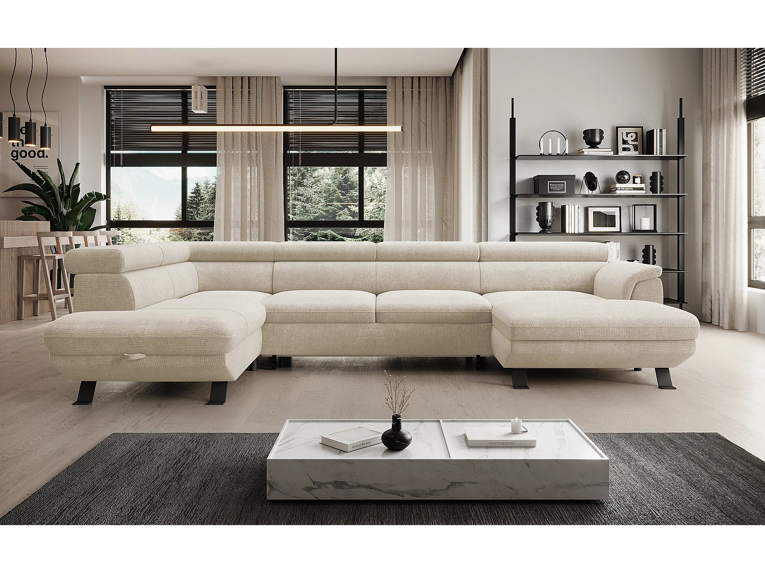 Canapé d'angle RAVEN XL convertible avec tiroir-lit, appuie-têtes réglables, coffre, 334x198x162cm, côté gauche Perle