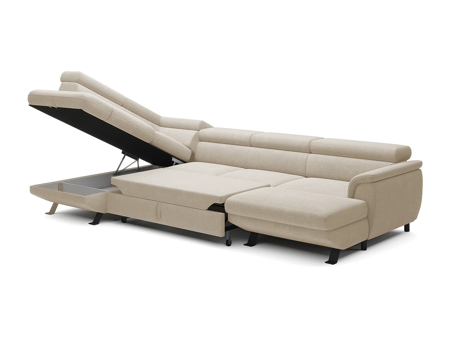 Canapé d'angle RAVEN XL convertible avec tiroir-lit, appuie-têtes réglables, coffre, 334x198x162cm, côté gauche Perle