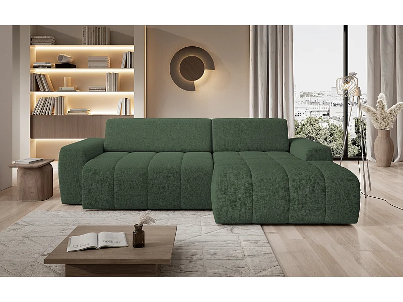 Canapé d'angle Savio indépendant, tissu Kansas résistant, dim. 265x172x81cm, couchage 206x92cm, côté droit, vert
