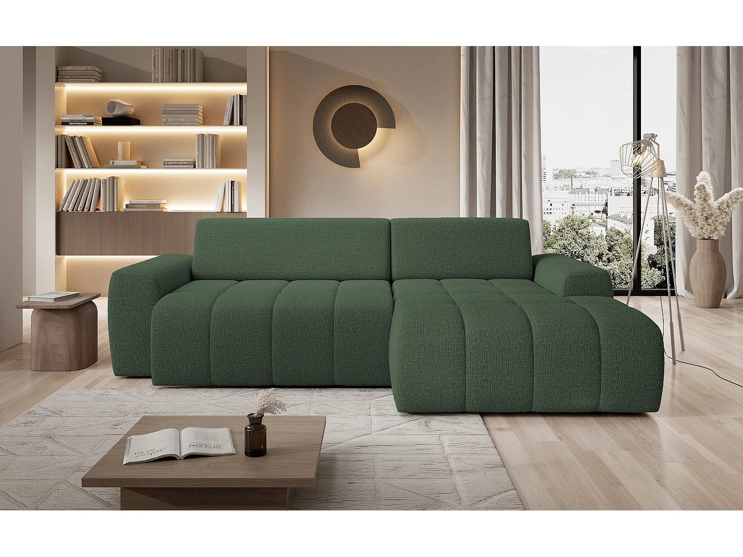 Canapé d'angle Savio indépendant, tissu Kansas résistant, dim. 265x172x81cm, couchage 206x92cm, côté droit, vert