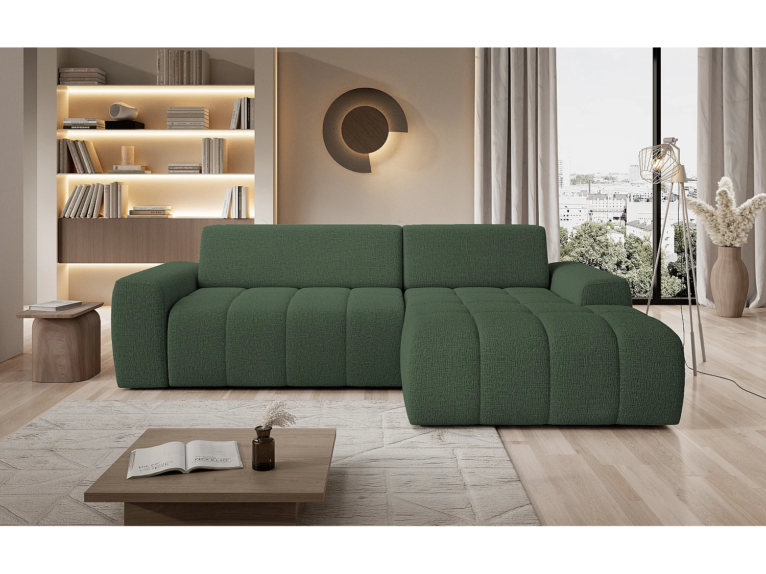 Canapé d'angle Savio indépendant, tissu Kansas résistant, dim. 265x172x81cm, couchage 206x92cm, côté droit, vert