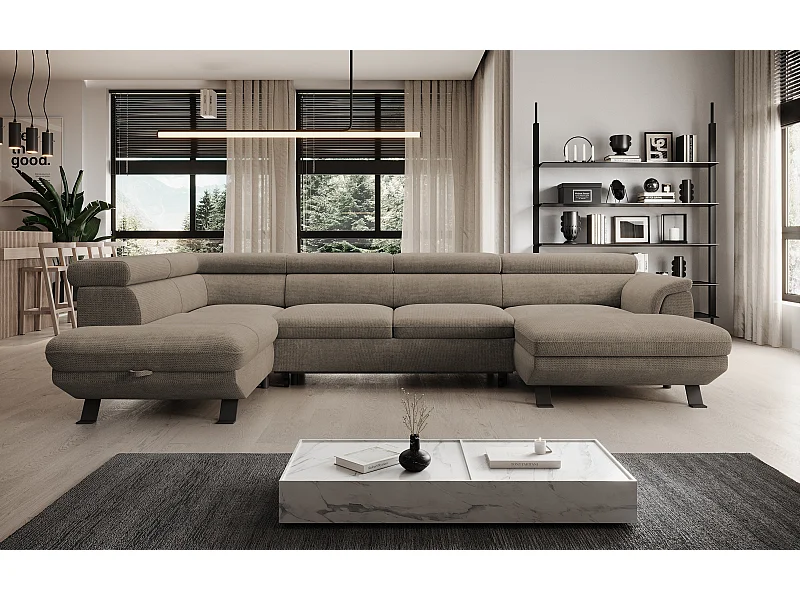 Canapé d'angle RAVEN XL convertible avec tiroir-lit, appuie-têtes réglables, coffre, 334x198x162cm, côté gauche Beige