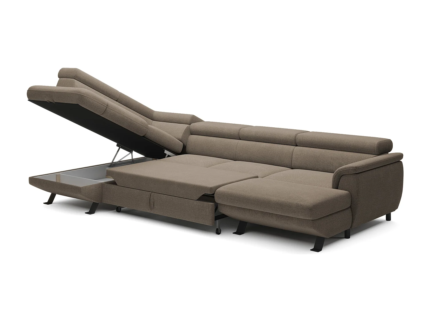 Hoekbank RAVEN XL met slaapfunctie, uittrekbed, verstelbare hoofdsteunen, opbergruimte, 334x198x162cm Links Beige