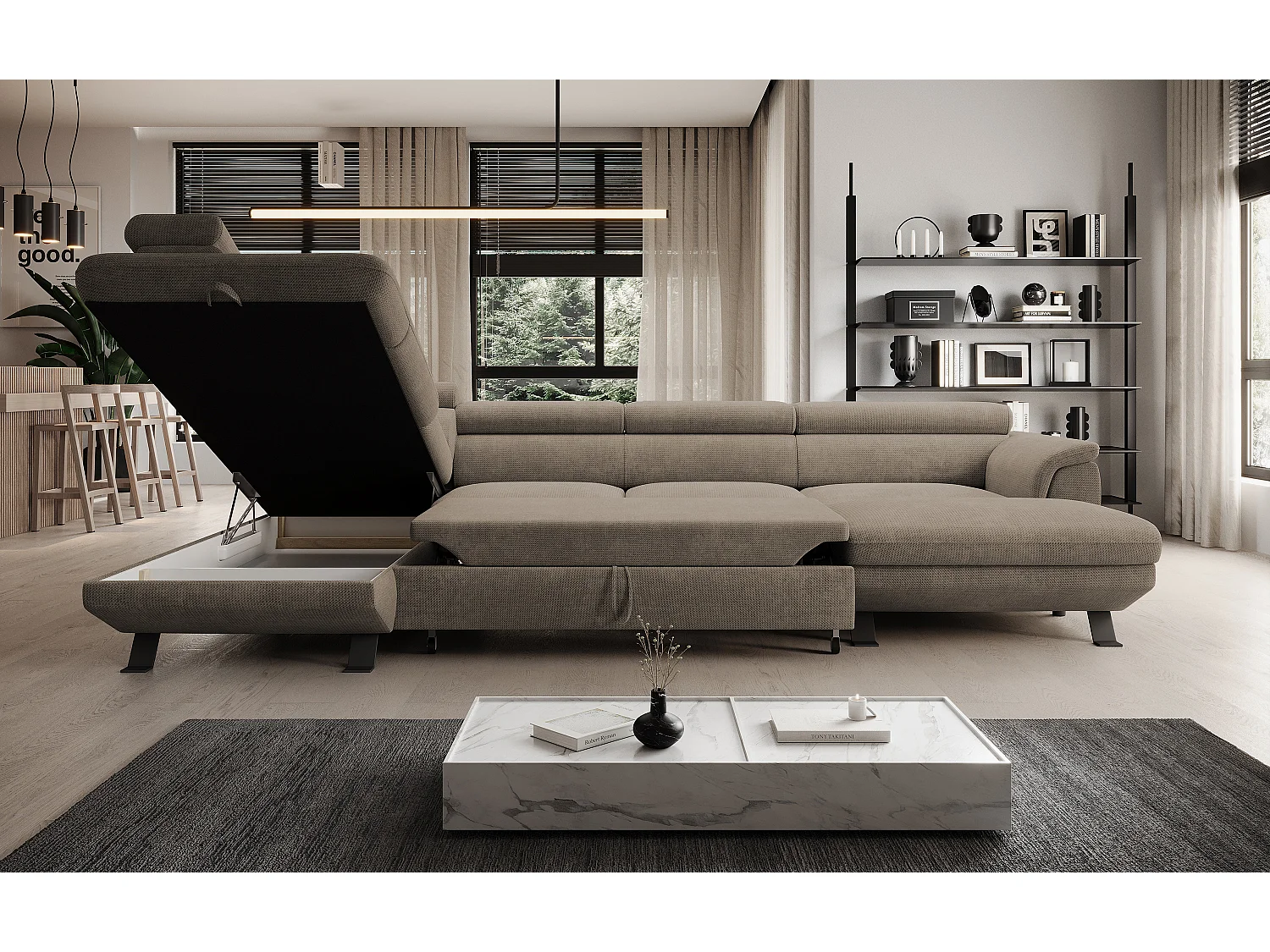 Canapé d'angle RAVEN XL convertible avec tiroir-lit, appuie-têtes réglables, coffre, 334x198x162cm, côté gauche Beige