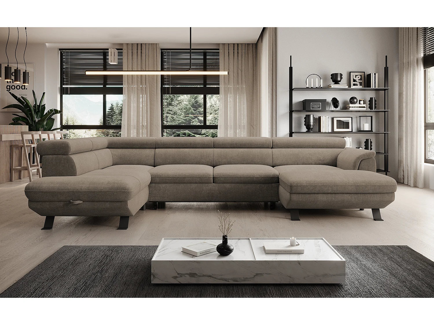 Canapé d'angle RAVEN XL convertible avec tiroir-lit, appuie-têtes réglables, coffre, 334x198x162cm, côté gauche Beige