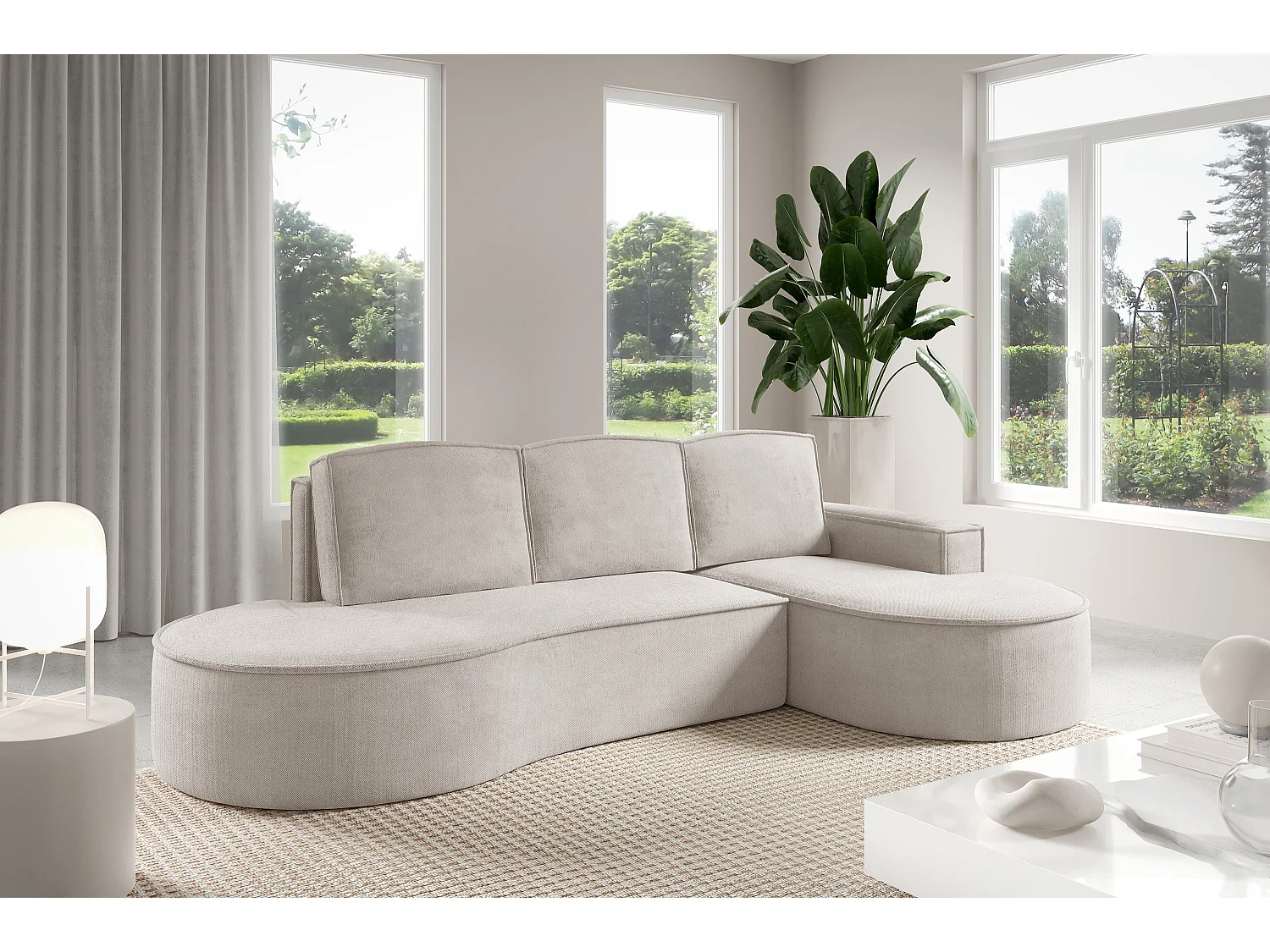 Canapé d'angle MOLLY avec couchage - Design arrondi, autoportant, 140x207 cm, 3 coussins, tissu Curio, 277x157x88 cm, côté droit blanc