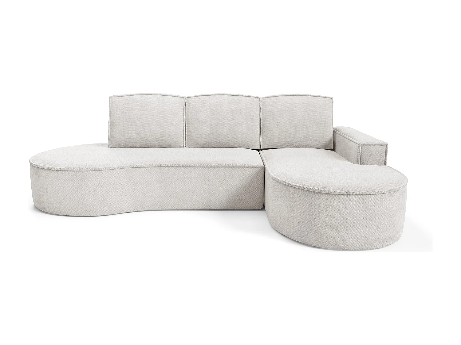 Canapé d'angle MOLLY avec couchage - Design arrondi, autoportant, 140x207 cm, 3 coussins, tissu Curio, 277x157x88 cm, côté droit blanc