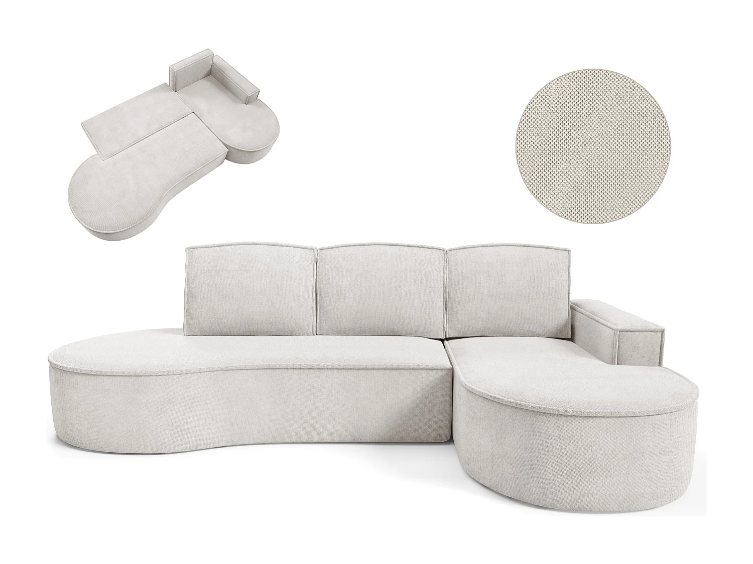 Canapé d'angle MOLLY avec couchage - Design arrondi, autoportant, 140x207 cm, 3 coussins, tissu Curio, 277x157x88 cm, côté droit blanc
