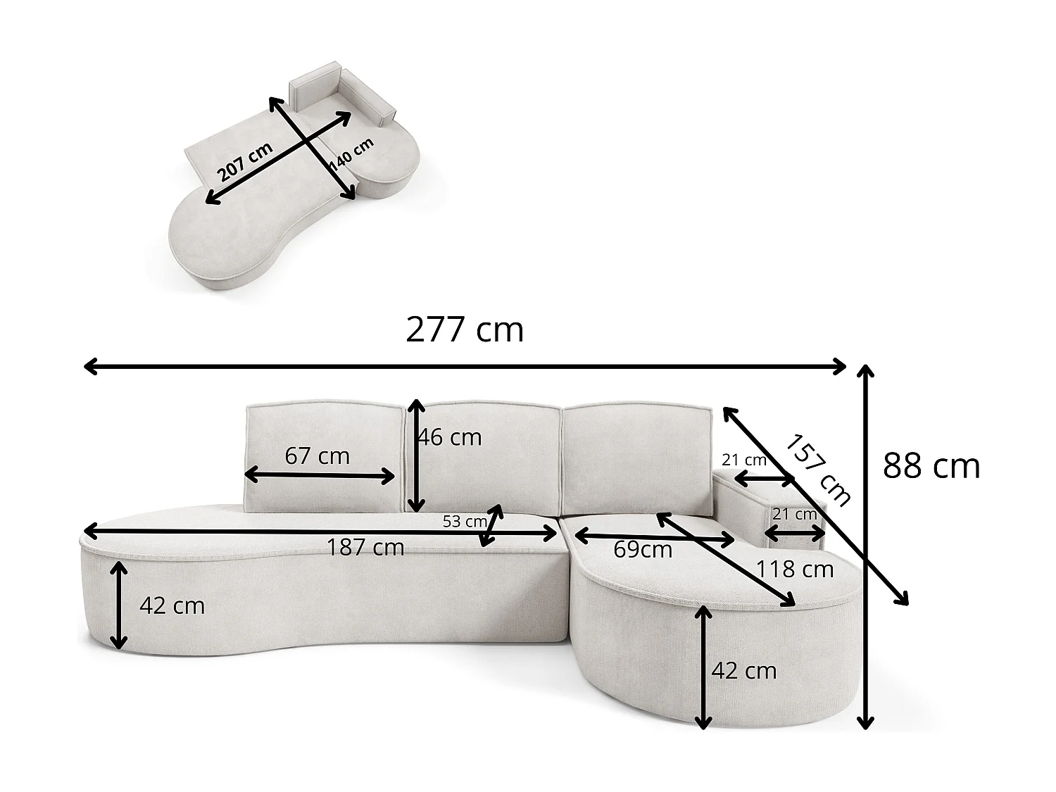 Canapé d'angle MOLLY avec couchage - Design arrondi, autoportant, 140x207 cm, 3 coussins, tissu Curio, 277x157x88 cm, côté droit blanc