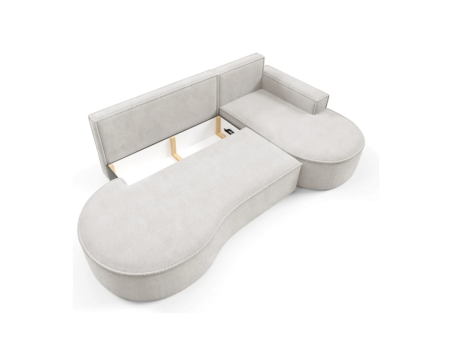 Canapé d'angle MOLLY avec couchage - Design arrondi, autoportant, 140x207 cm, 3 coussins, tissu Curio, 277x157x88 cm, côté droit blanc