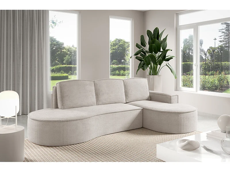 Canapé d'angle MOLLY avec couchage - Design arrondi, autoportant, 140x207 cm, 3 coussins, tissu Curio, 277x157x88 cm, côté droit blanc