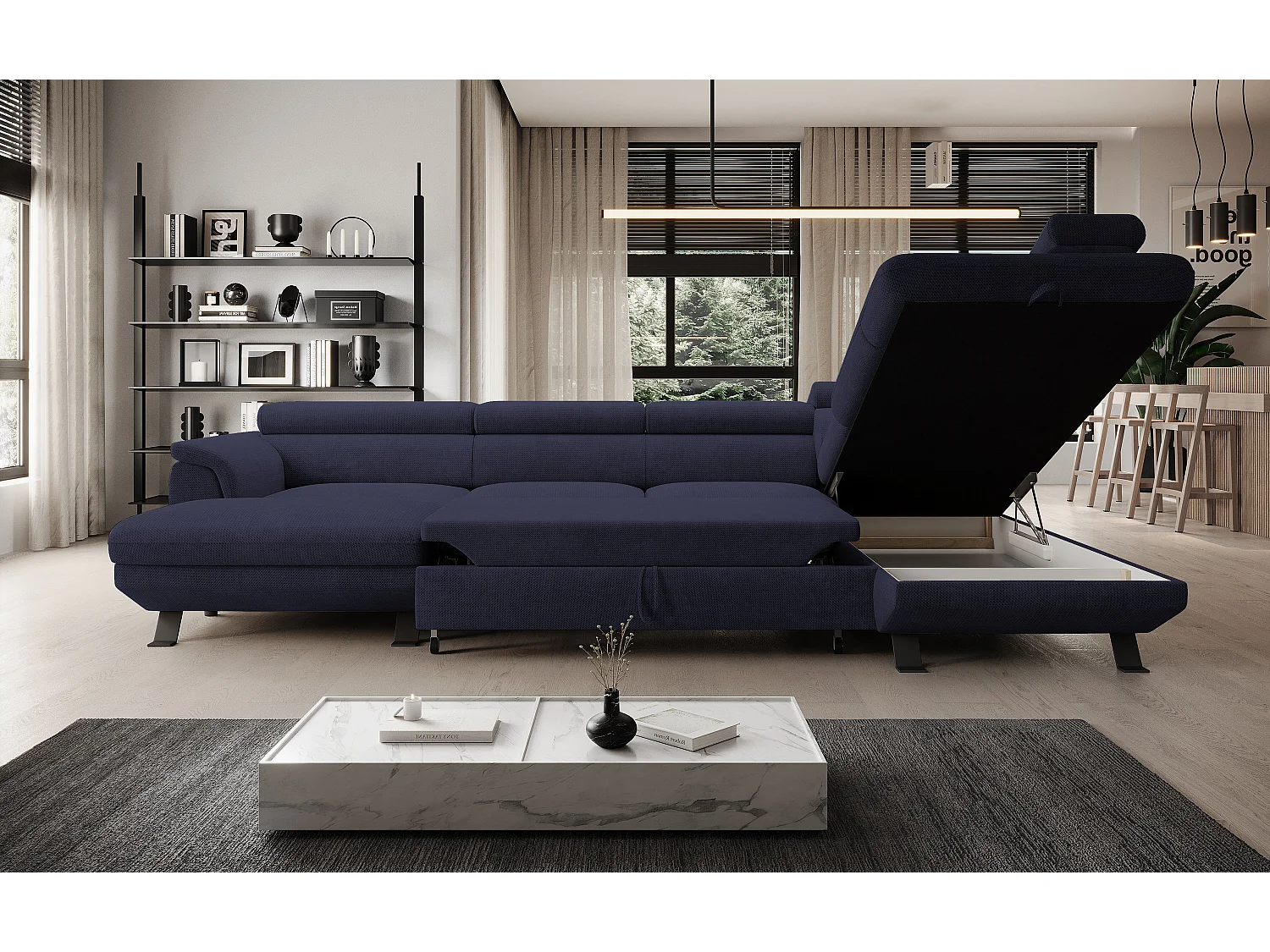 Canapé d'angle RAVEN XL convertible avec tiroir-lit, appuie-têtes réglables, coffre, 334x198x162cm, côté droit Mer