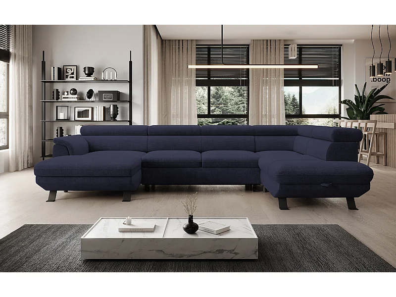 Canapé d'angle RAVEN XL convertible avec tiroir-lit, appuie-têtes réglables, coffre, 334x198x162cm, côté droit Mer