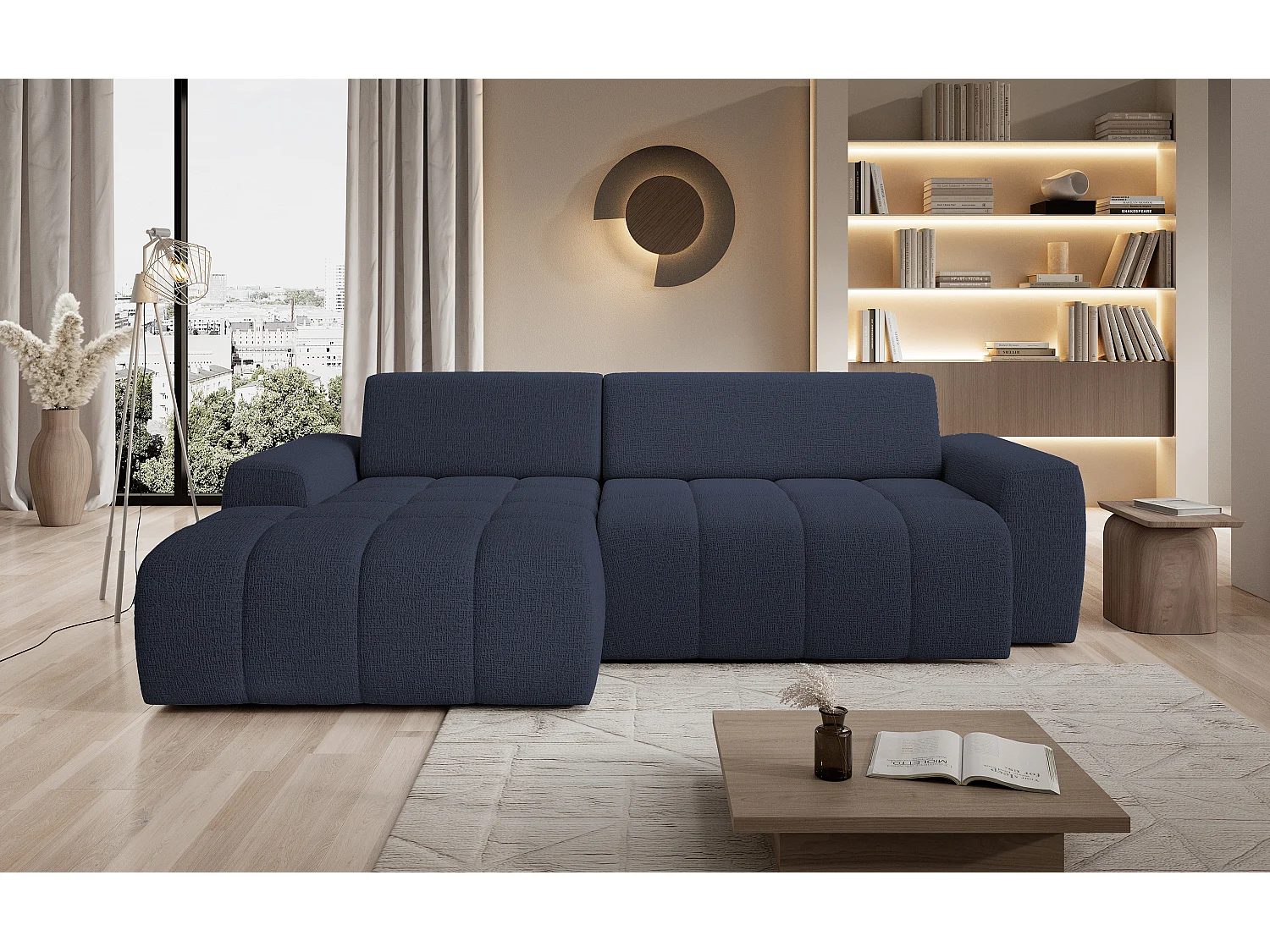 Canapé d'angle Savio indépendant, tissu Kansas résistant, dim. 265x172x81cm, couchage 206x92cm, côté gauche, bleu
