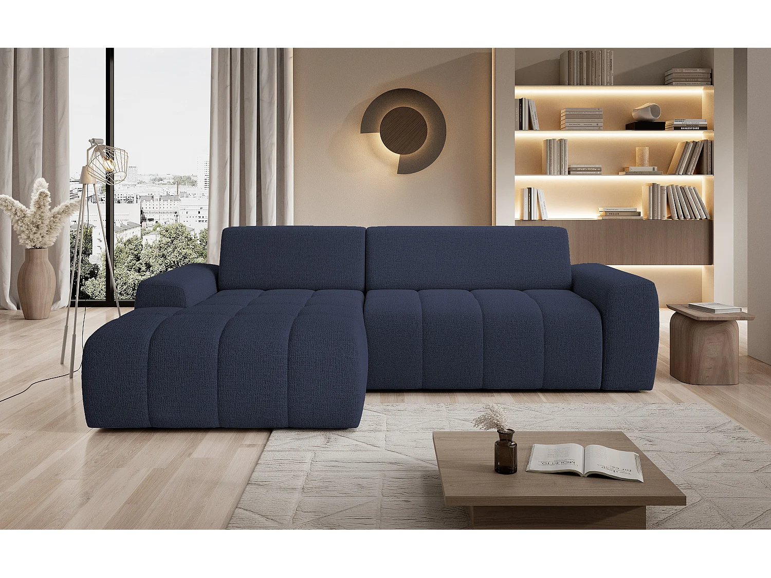 Canapé d'angle Savio indépendant, tissu Kansas résistant, dim. 265x172x81cm, couchage 206x92cm, côté gauche, bleu
