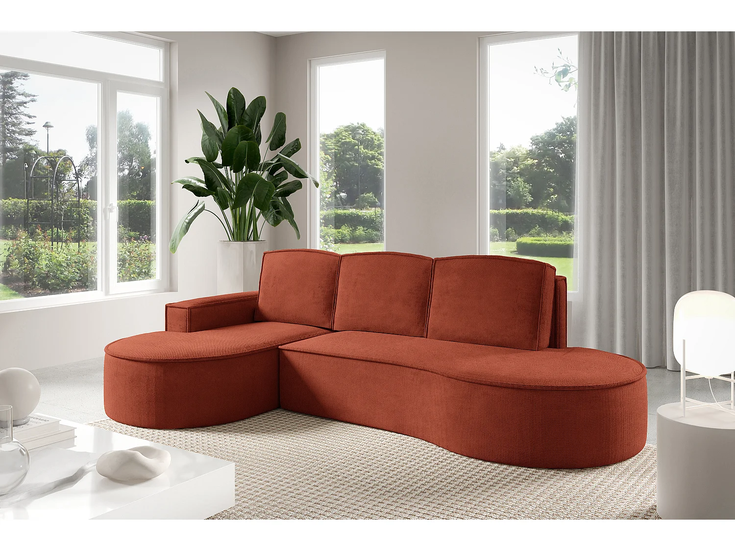 Ecksofa MOLLY mit Schlaffunktion – Halbrund, freistehend, Liegefläche 140x207 cm, 3 Kissen, Abriamo-Stoff, 277x157x88 cm, Links Braun