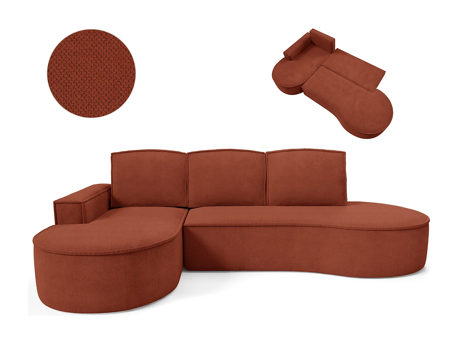 Ecksofa MOLLY mit Schlaffunktion – Halbrund, freistehend, Liegefläche 140x207 cm, 3 Kissen, Abriamo-Stoff, 277x157x88 cm, Links Braun