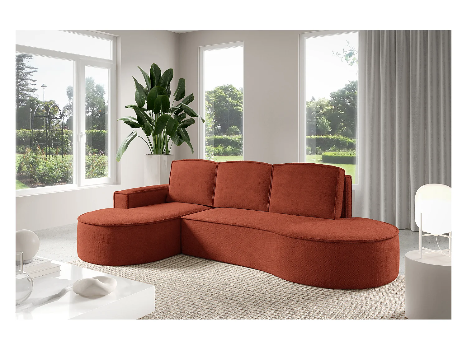 Canapé d'angle MOLLY avec couchage - Design arrondi, autoportant, 140x207 cm, 3 coussins, tissu Abriamo, 277x157x88 cm, côté gauche brun