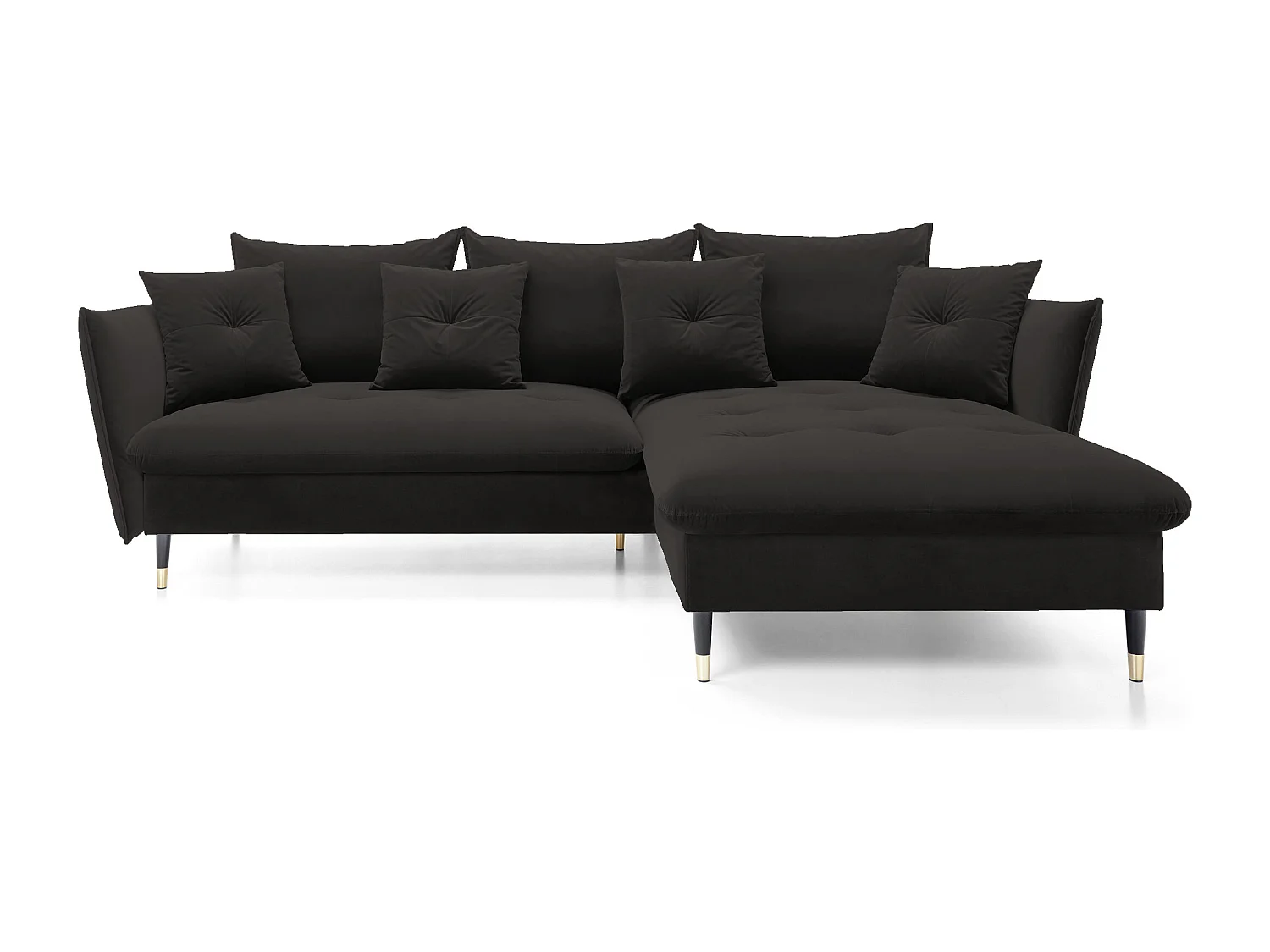 Canapé d'angle GLAM convertible, ottomane & pieds dorés – canapé en velours style glamour avec coussins déco, 258x167x91 cm, côté droit NOIR