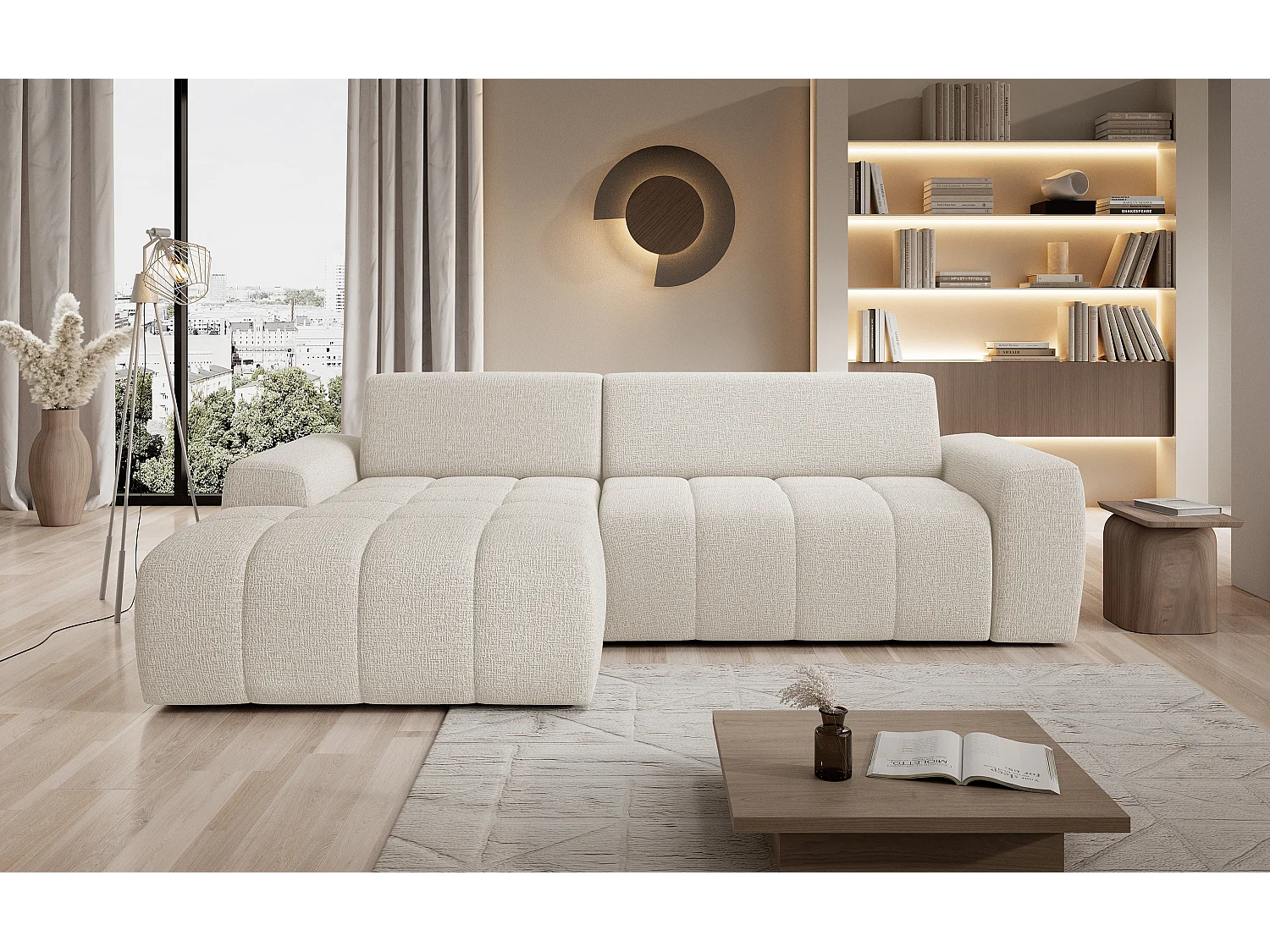 Canapé d'angle Savio indépendant, tissu Kansas résistant, dim. 265x172x81cm, couchage 206x92cm, côté gauche, beige clair