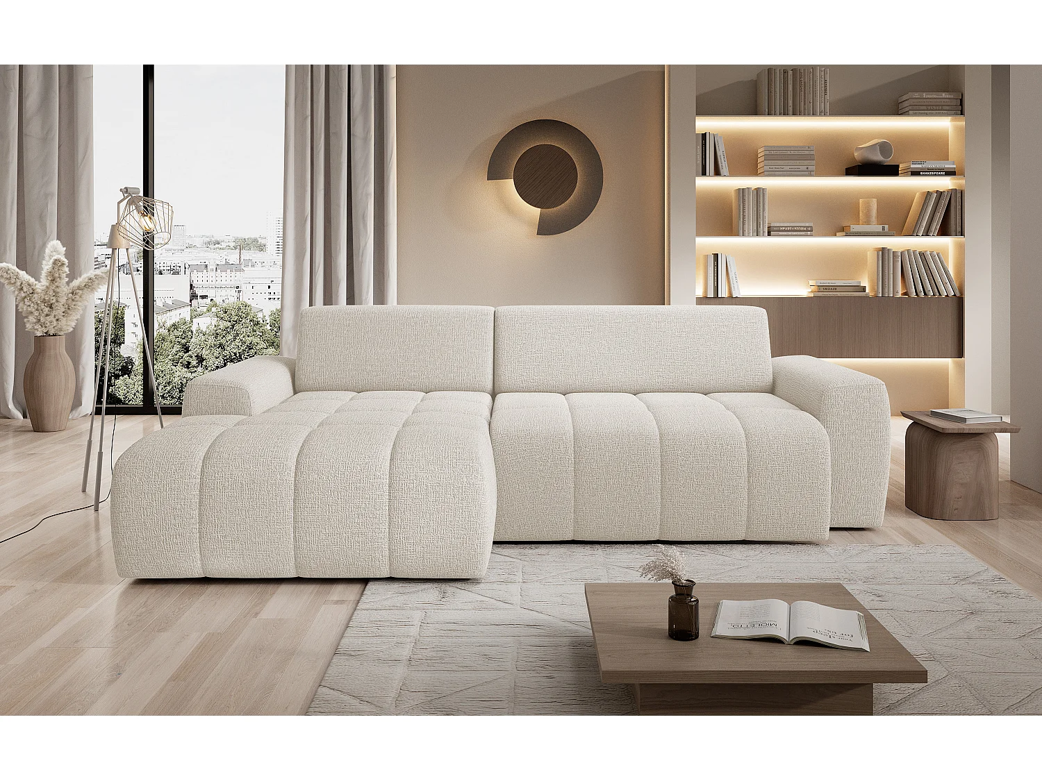 Canapé d'angle Savio indépendant, tissu Kansas résistant, dim. 265x172x81cm, couchage 206x92cm, côté gauche, beige clair