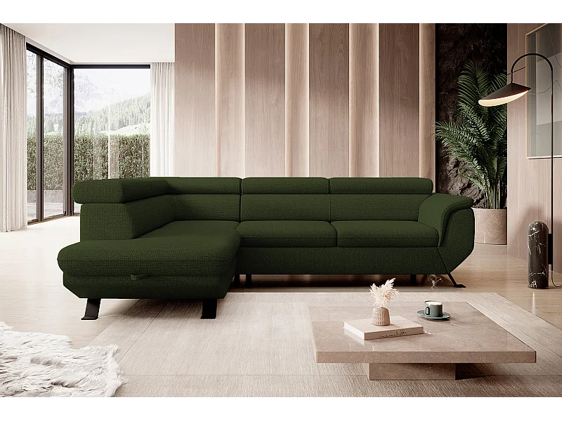 Canapé RAVEN L avec fonction de couchage, compartiment à literie, indépendant, rembourré avec têtières réglables 257x198x96 cm Côté gauche Vert foncé