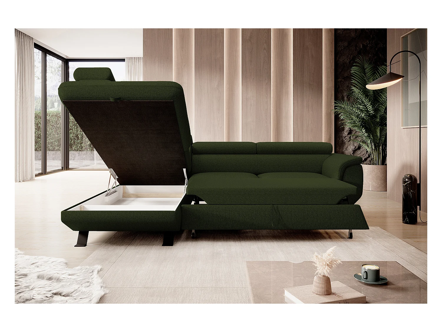 Canapé RAVEN L avec fonction de couchage, compartiment à literie, indépendant, rembourré avec têtières réglables 257x198x96 cm Côté gauche Vert foncé