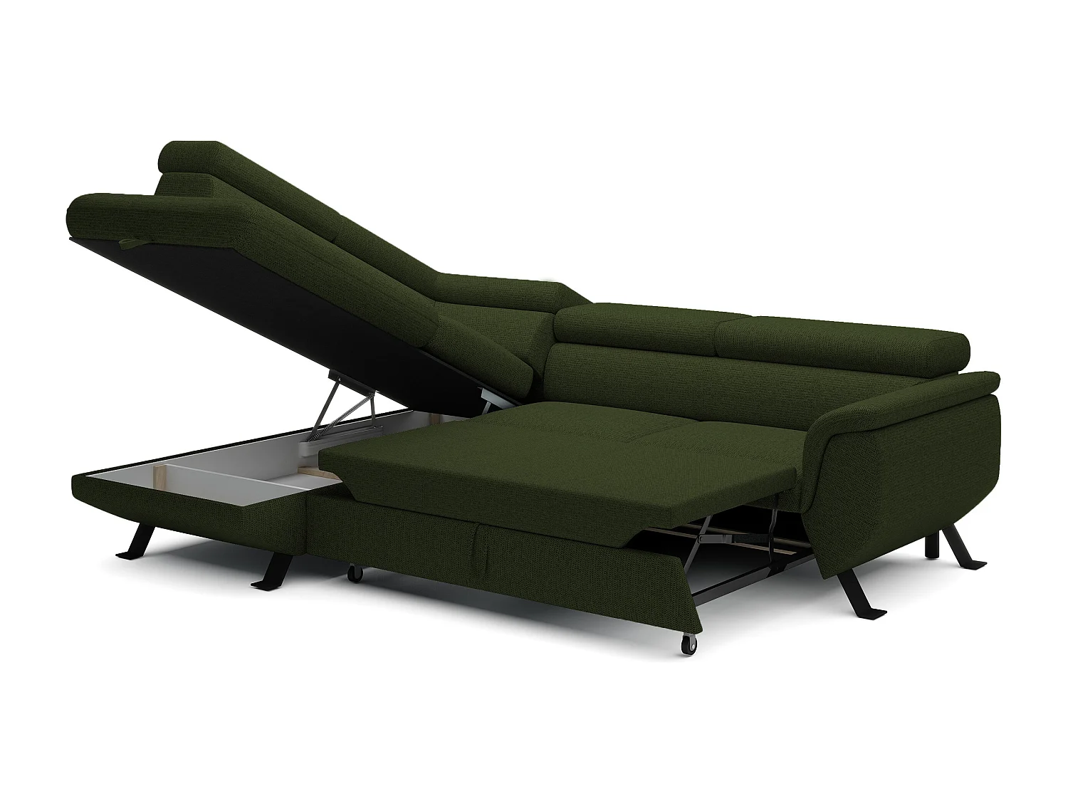 Canapé RAVEN L avec fonction de couchage, compartiment à literie, indépendant, rembourré avec têtières réglables 257x198x96 cm Côté gauche Vert foncé