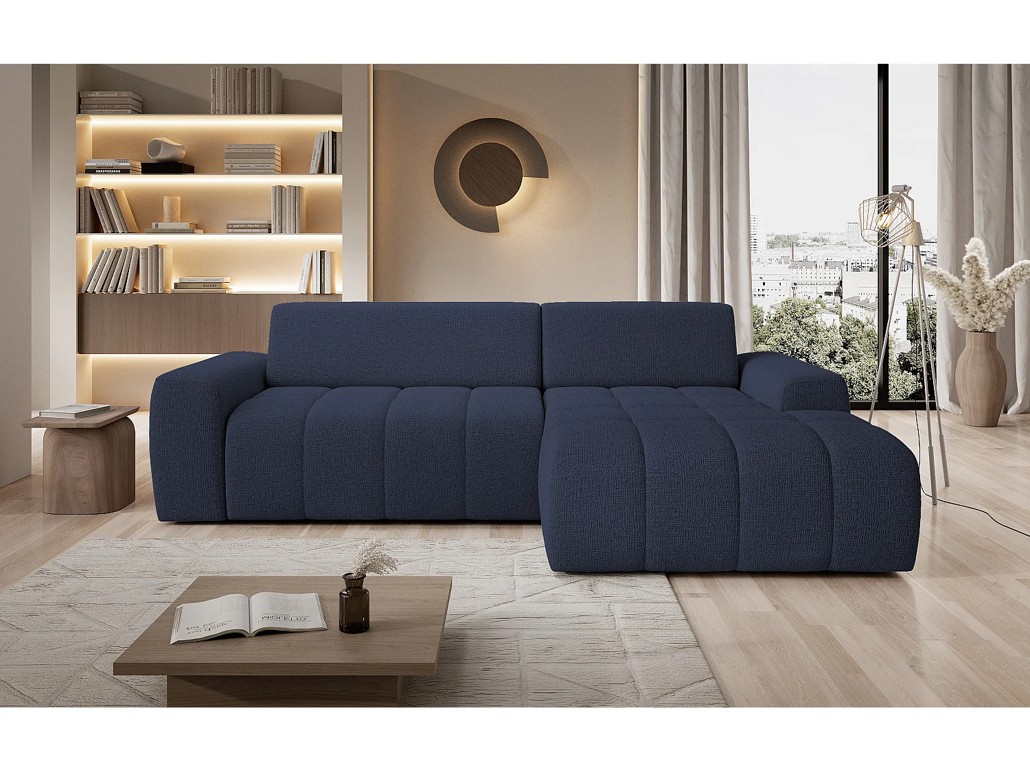 Hoekbank Savio Vrijstaand, Slijtvast Kansas-stof, Afm. 265x172x81cm, Uitschuifbaar Zitvlak 206x92cm, Rechterkant, Blauw