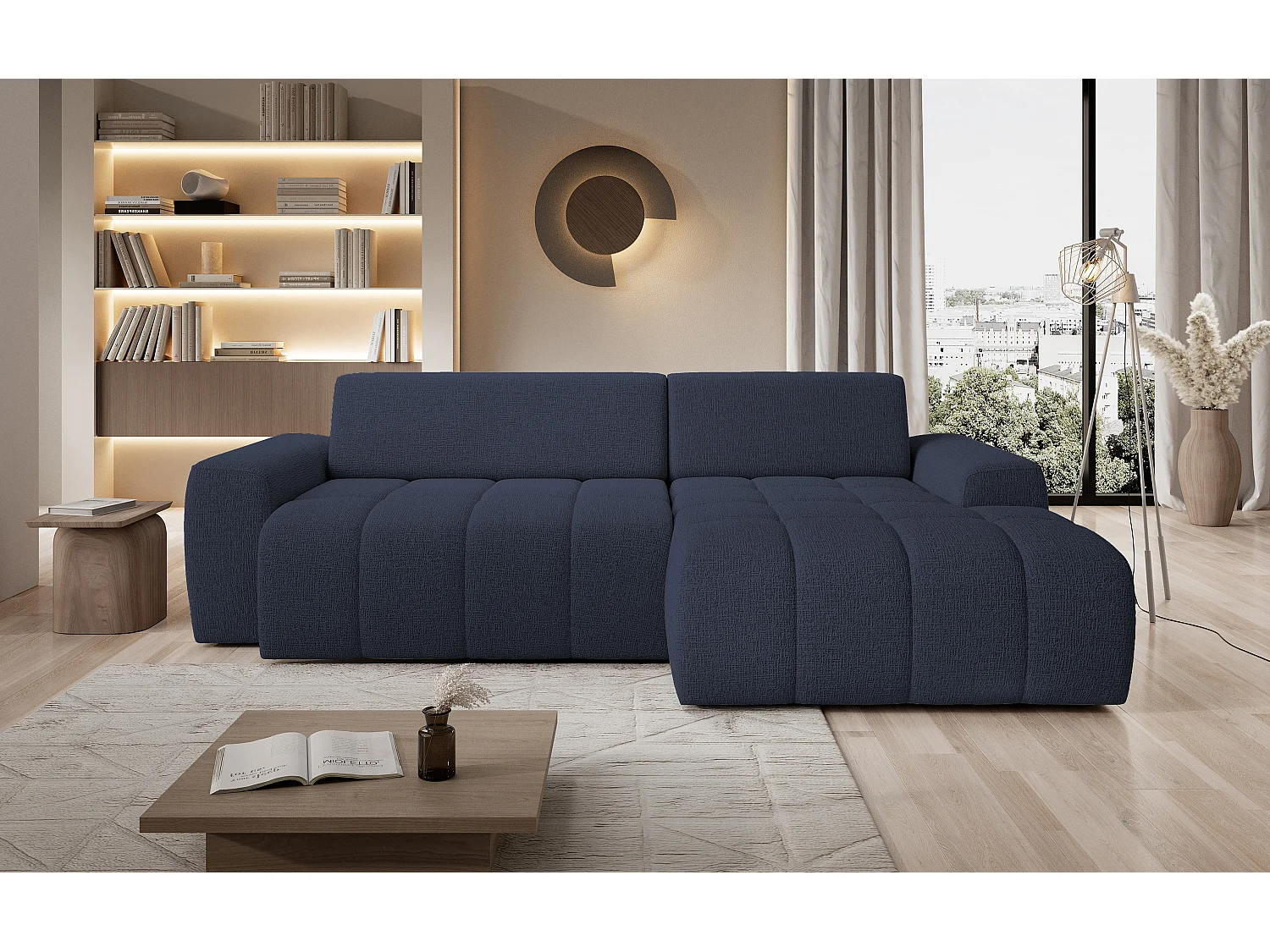Canapé d'angle Savio indépendant, tissu Kansas résistant, dim. 265x172x81cm, couchage 206x92cm, côté droit, bleu