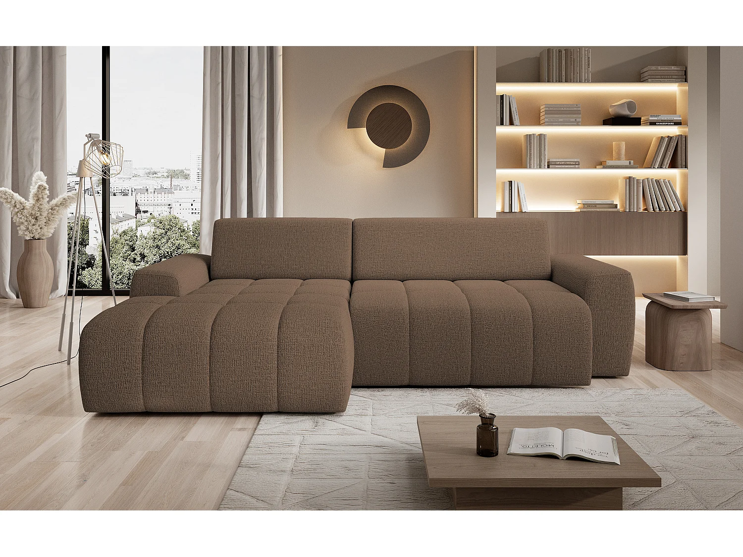Canapé d'angle Savio indépendant, tissu Kansas résistant, dim. 265x172x81cm, couchage 206x92cm, côté gauche, cappuccino
