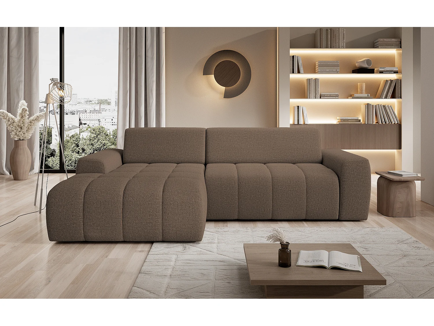 Canapé d'angle Savio indépendant, tissu Kansas résistant, dim. 265x172x81cm, couchage 206x92cm, côté gauche, cappuccino
