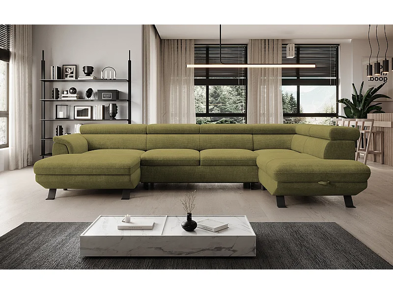 ECKSOFA RAVEN XL Eckcouch mit Schlaffunktion mit Ausziehbett, Verstellbaren Kopfstützen, Bettkasten, Großes Sofa 334x198x162cm Rechte Seite Mostaza