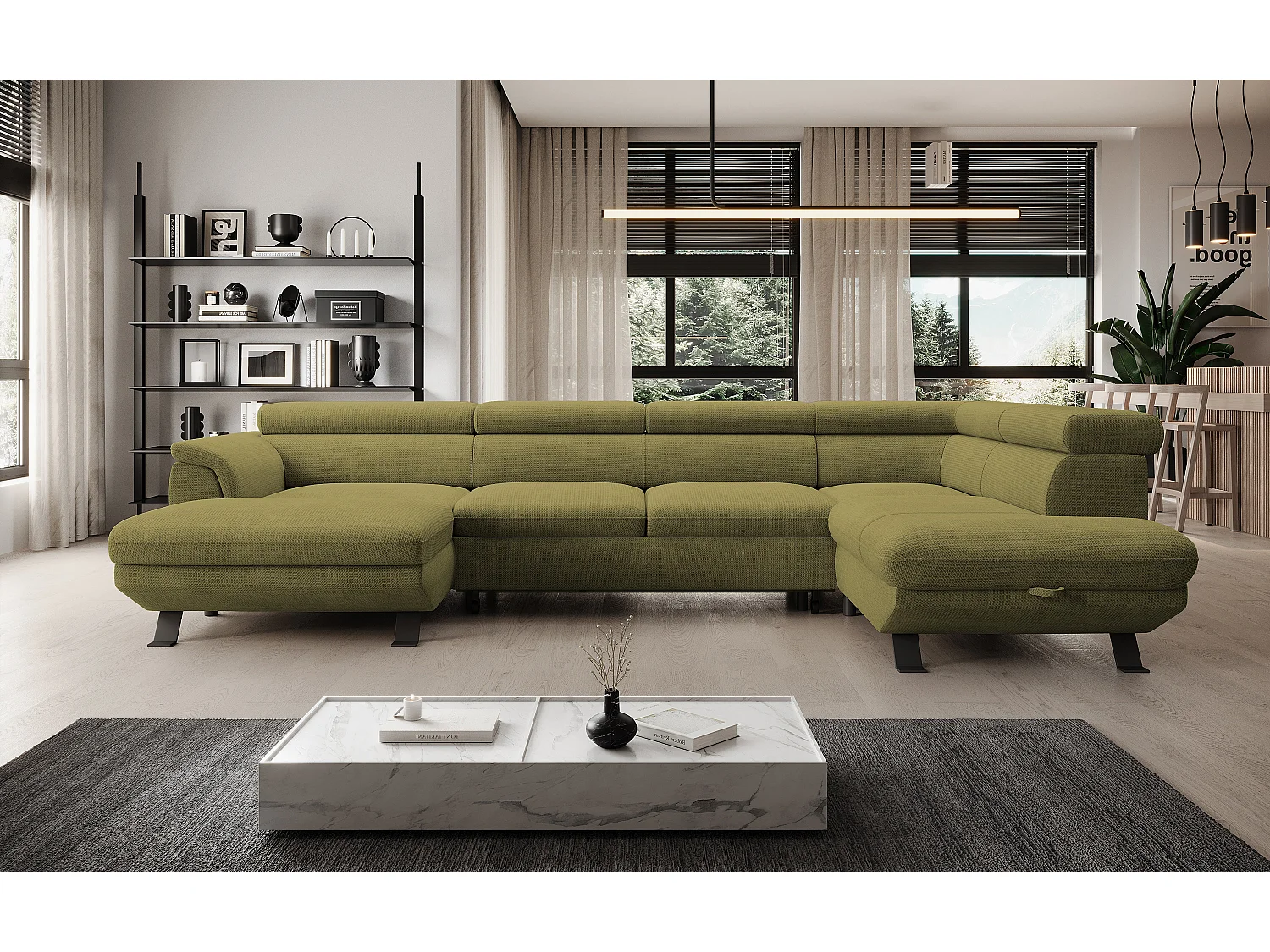 Canapé d'angle RAVEN XL convertible avec tiroir-lit, appuie-têtes réglables, coffre, 334x198x162cm, côté droit Moutarde