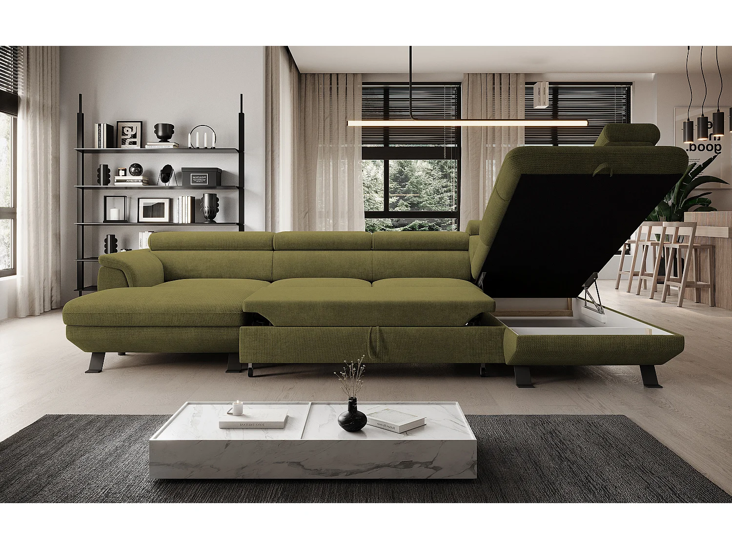 Canapé d'angle RAVEN XL convertible avec tiroir-lit, appuie-têtes réglables, coffre, 334x198x162cm, côté droit Moutarde