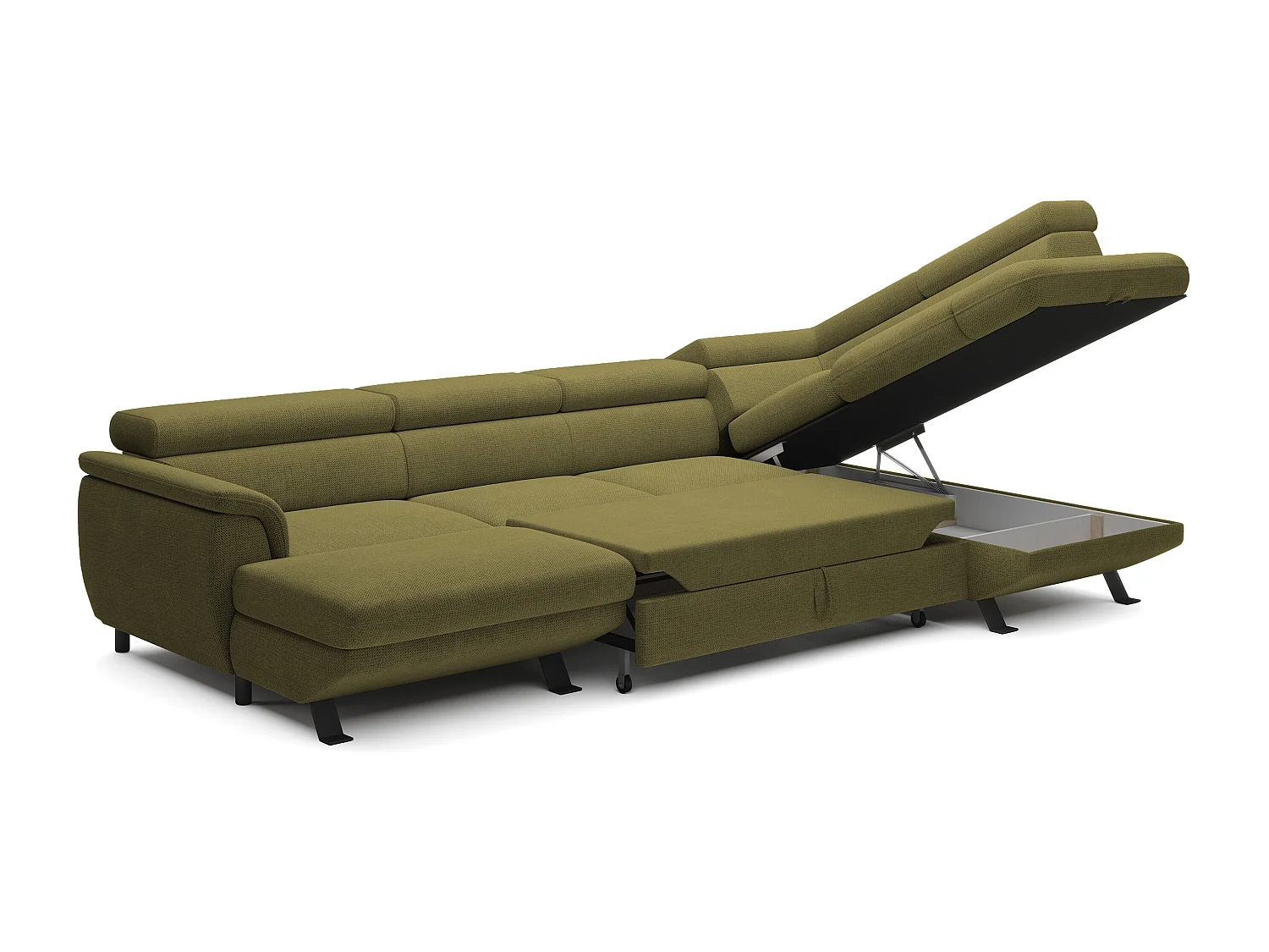 Canapé d'angle RAVEN XL convertible avec tiroir-lit, appuie-têtes réglables, coffre, 334x198x162cm, côté droit Moutarde