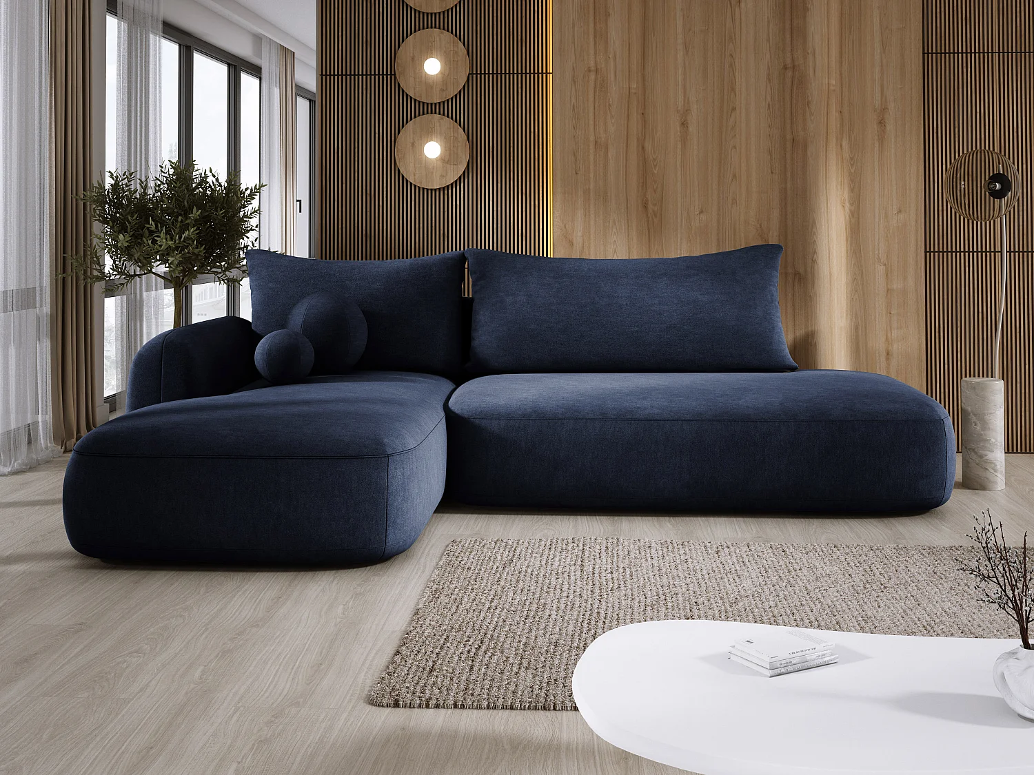 Canapé d'angle BABU avec lit – Sofa convertible moderne CLOUD, 300x105x60cm, côté gauche, Bleu