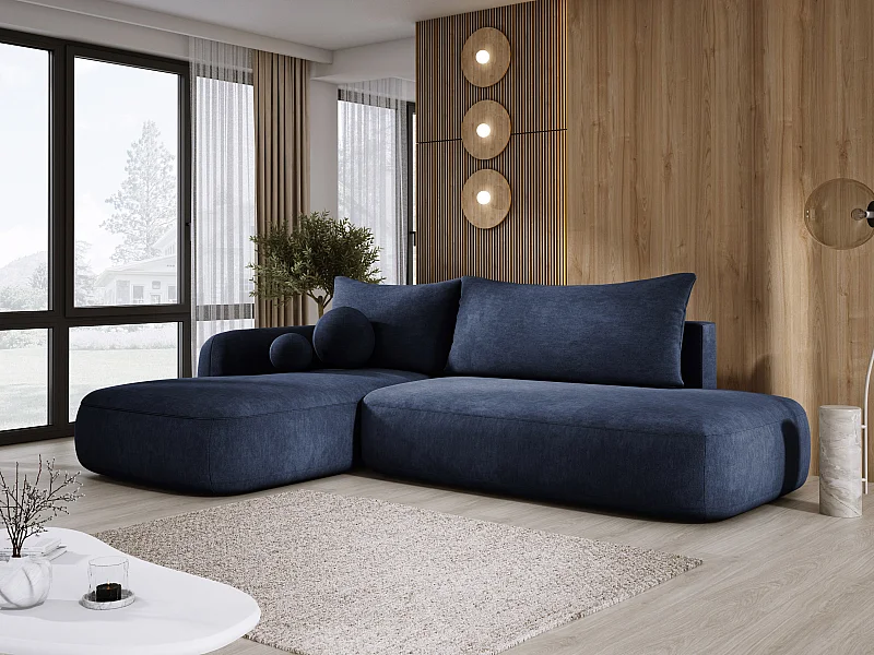 Hoekbank BABU met slaapfunctie – Moderne lounge voor woonkamer, functionele slaapbank in stof CLOUD, 300x105x60cm, linkerzijde, blauw