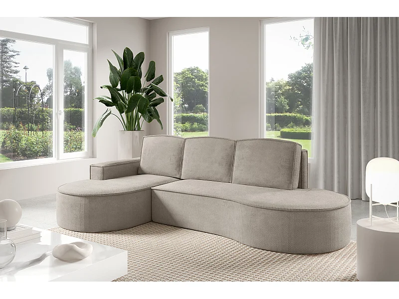 Canapé d'angle MOLLY avec couchage - Design arrondi, autoportant, 140x207 cm, 3 coussins, tissu Abriamo, 277x157x88 cm, côté gauche frêne
