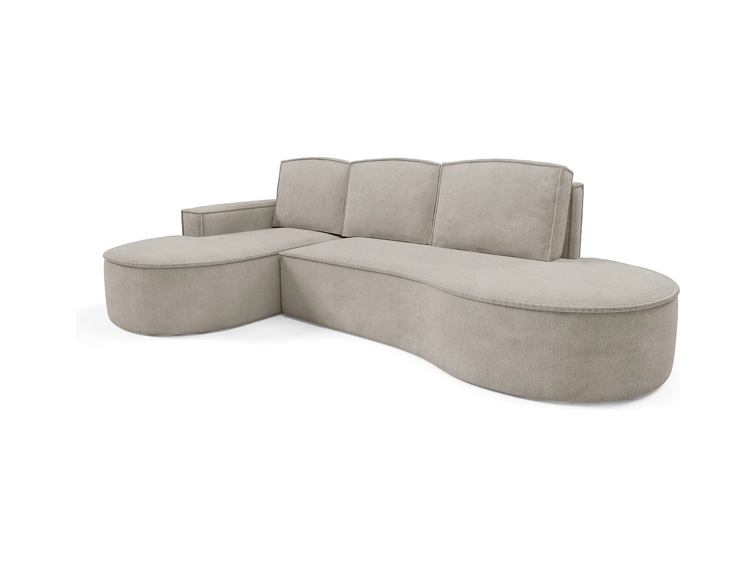 Canapé d'angle MOLLY avec couchage - Design arrondi, autoportant, 140x207 cm, 3 coussins, tissu Abriamo, 277x157x88 cm, côté gauche frêne